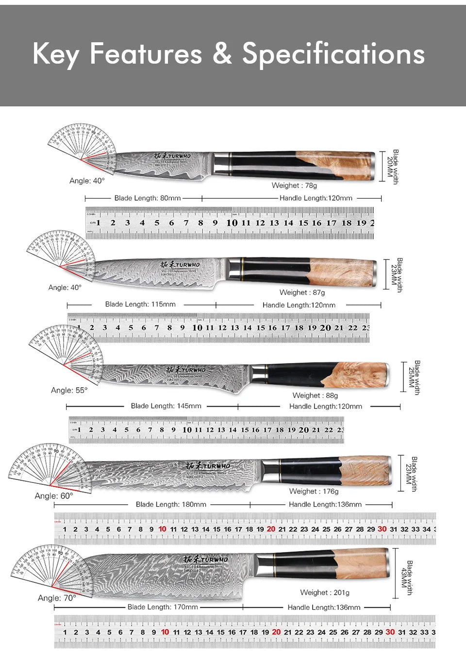 TURWHO 1PC Damascus Kitchen Chef Knifes