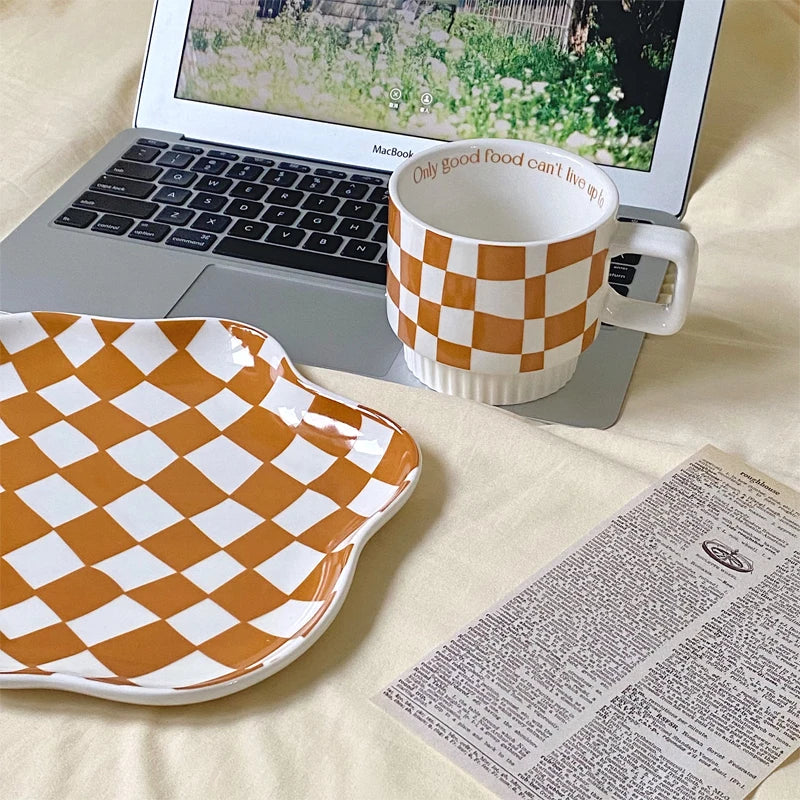 Nordic Chessboard Ceramic Plate Black-and-white Mug