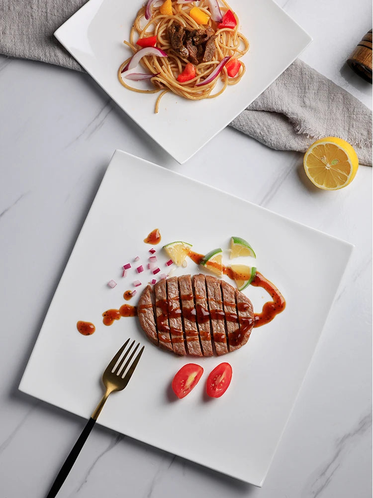 Pure White Square Bone China Steak Plate