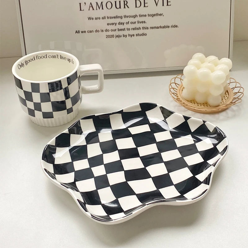 Nordic Chessboard Ceramic Plate Black-and-white Mug